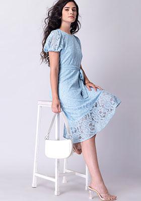 Powder Blue Lace Asymmetric Hem Belted Dress 