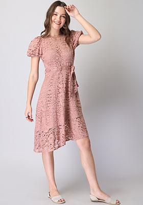 Dusty Pink Lace Asymmetric Hem Belted Dress 