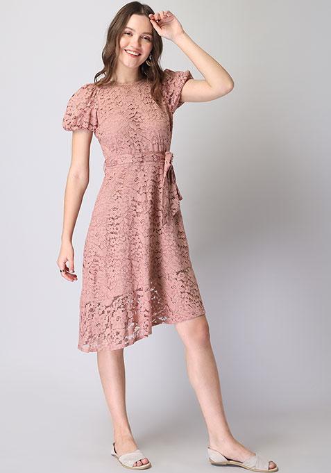 Dusty Pink Lace Asymmetric Hem Belted Dress 