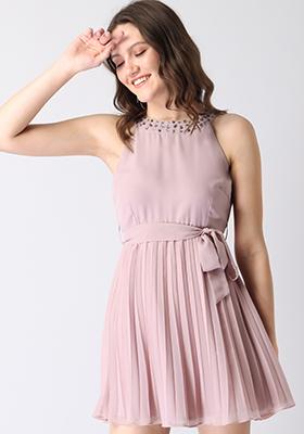 Lilac Halter Embellished Belted Dress