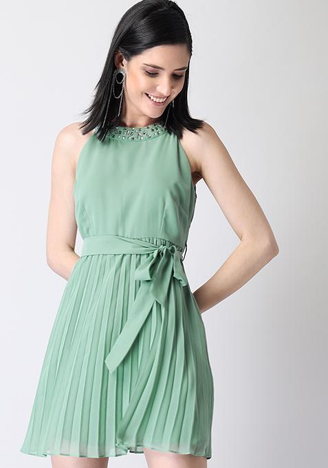 Sea Foam Green Pleated Halter Embellished Neck Dress 