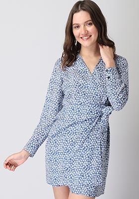Blue Floral Collared Neck Side Tie Wrap Dress 