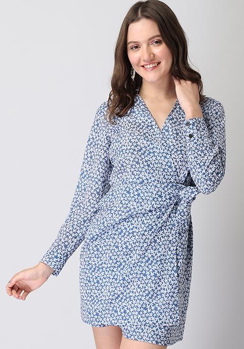 Blue Floral Collared Neck Side Tie Wrap Dress 