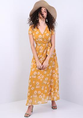 Mustard Floral Wrap Self Fabric Dress