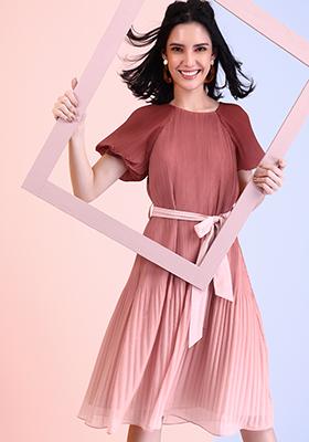 Pink Ombre Pleated Belted Back Tie Midi Dress 