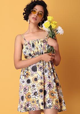 Yellow Poplin Sunflower Strappy Mini Dress