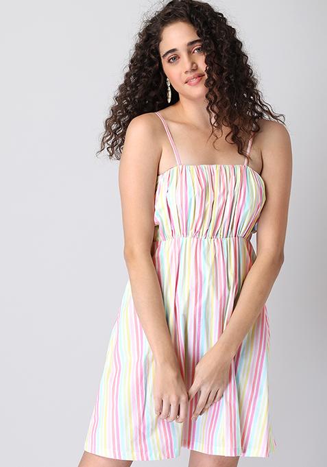 Multicolored  Poplin Strappy Ruched Dress