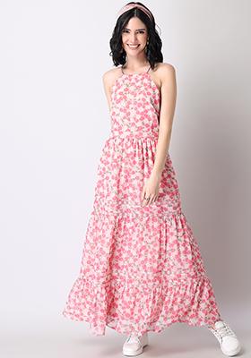 Pink Floral Halter Back Tie Maxi Dress