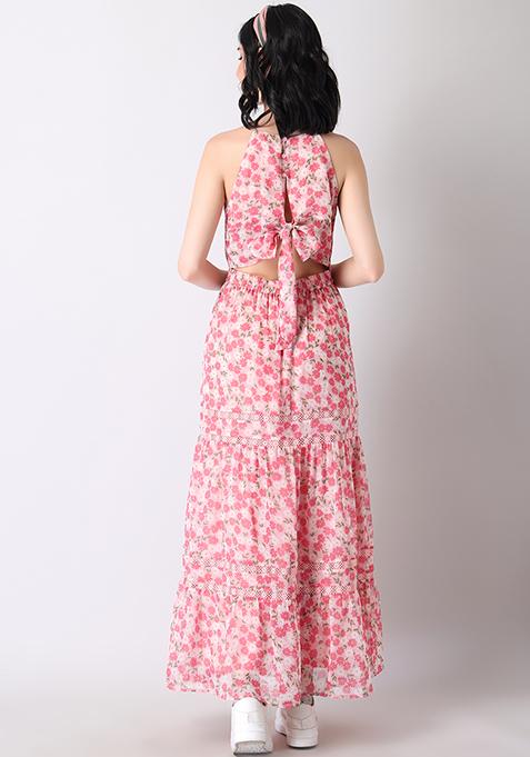 Buy Women Pink Floral Halter Back Tie Maxi Dress - Date Night Dress ...