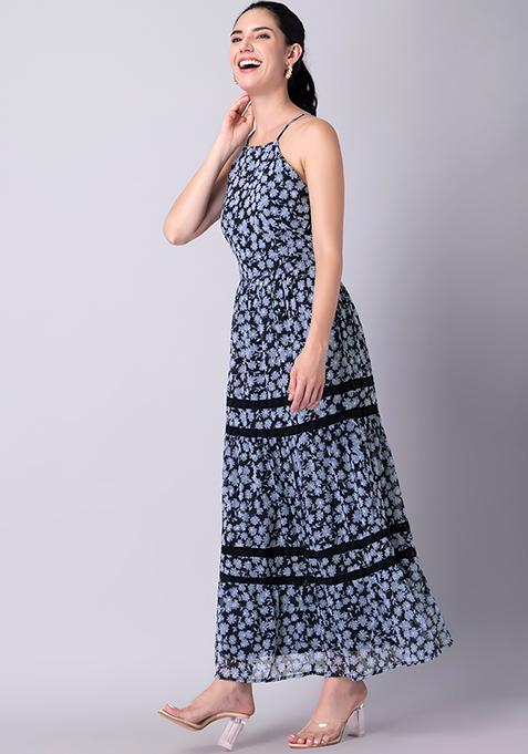 Buy Women Navy Floral Halter Back Tie Maxi Dress - Date Night Dress ...