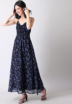 Navy Floral Strappy Ruched Maxi Dress