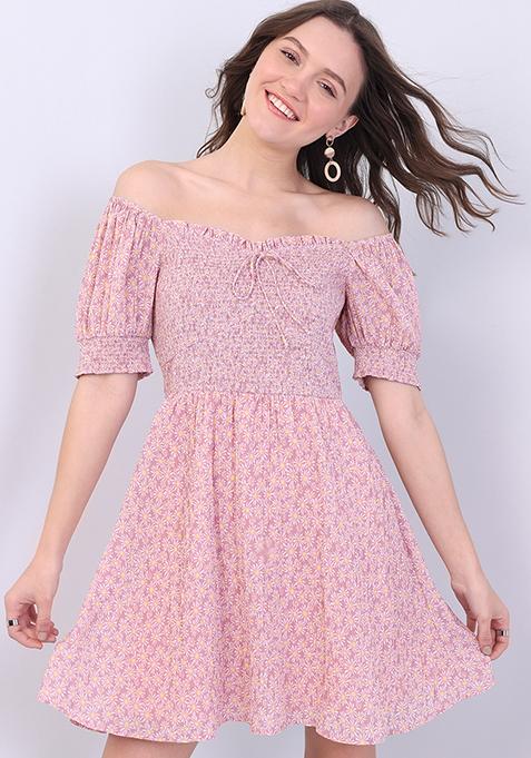 Pink Floral Smocked Tie Up Skater Dress 