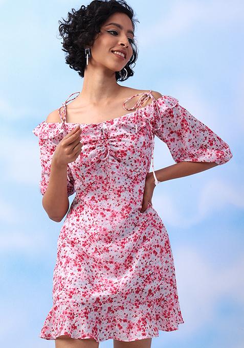 Pink Floral Ruffled Cold Shoulder Dress