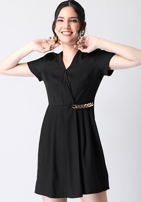 Black Pleated Gold Chain Trim Wrap Dress  