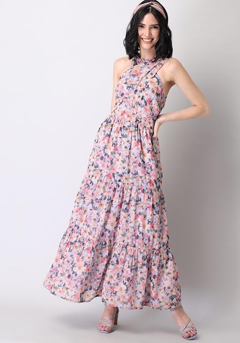 Buy Women Blue Floral Criss Cross Tiered Maxi Dress - Date Night Dress ...