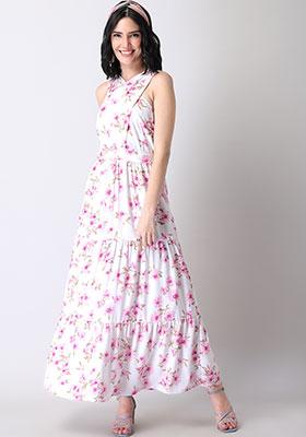 White Floral Criss Cross Tiered Maxi Dress 