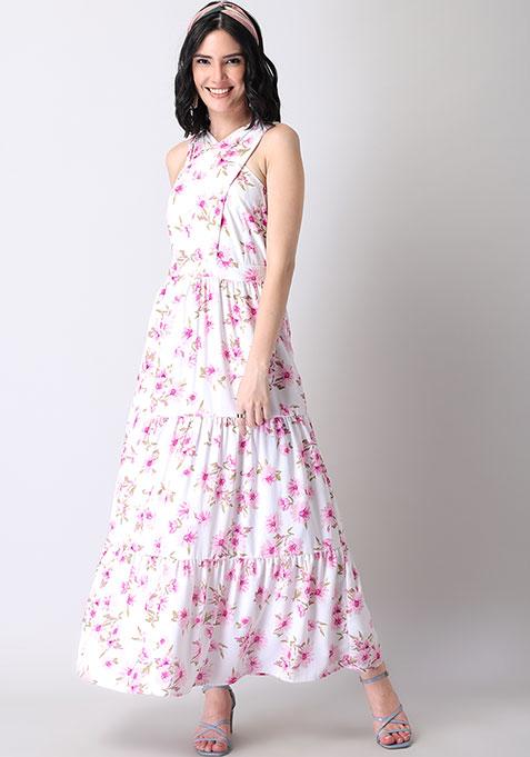 White Floral Criss Cross Tiered Maxi Dress 