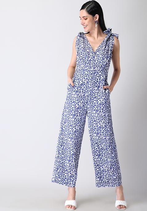 Blue Floral Satin Tie Up Shoulder Jumpsuit 