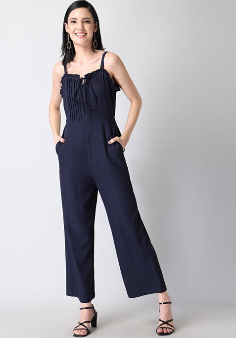 Navy Pinstriped Strappy Front Tie Jumpsuit 