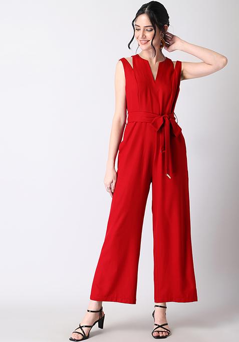 Oxblood Shoulder Cut Out Belted Jumpsuit 