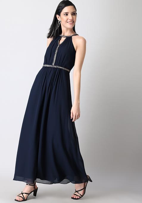 Buy Women Navy Embellished Halter Maxi Dress - Date Night Dress Online ...