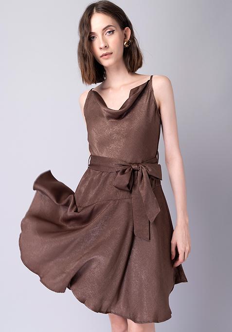 Brown Satin Cowl Neck Belted Skater Dress 