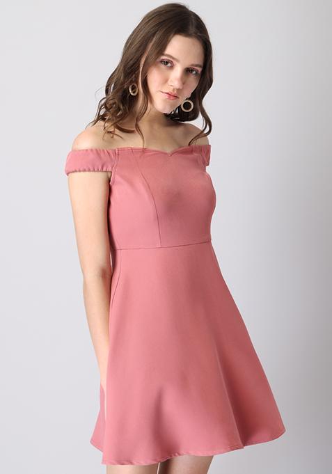 Dusty Pink Bardot Corset Tie Up Skater Dress  