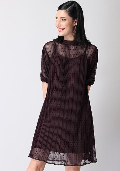 Wine Mesh Pleated Back Tie Shift Dress 