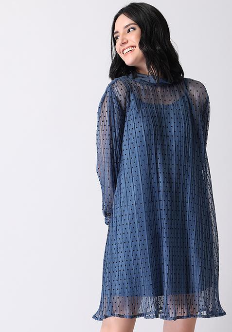 Blue Mesh Pleated Back Tie Shift Dress 