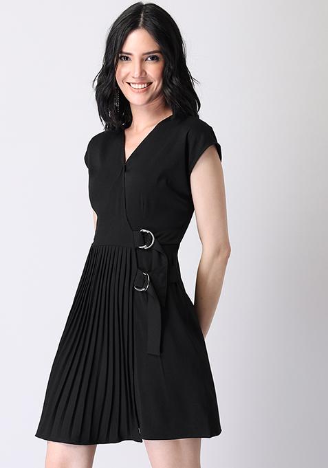 Black Pleated Trim Detail Wrap Dress 