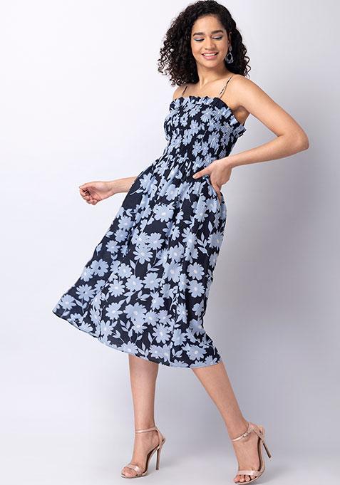 Navy Floral Smocked Strappy Midi Dress 