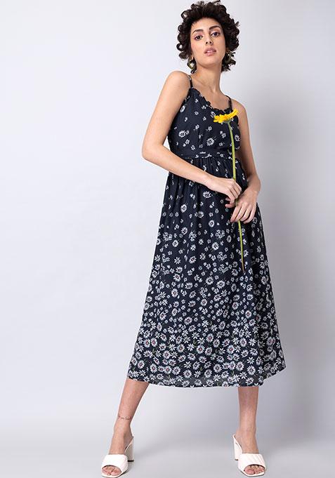 Navy Floral Ruffled Midi Dress