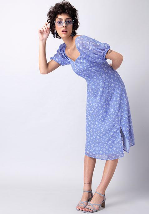 Blue Ditsy Puff Sleeves Midi Dress 