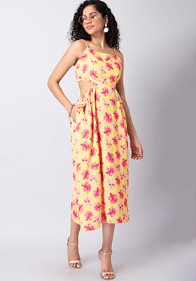 Yellow Floral Cut Out Back Midi Dress 