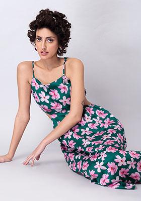 Green Floral Cut Out Back Midi Dress 