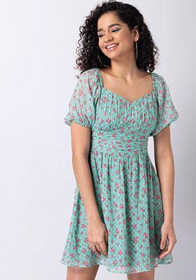 Mint Floral Ruched Puff Sleeves Mini Dress 