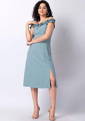 Blue High Slit Off-Shoulder Midi Dress 