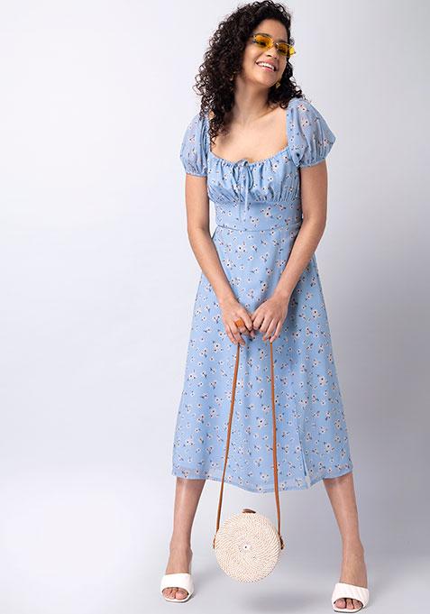 Powder Blue Floral Smocked Milkmaid Dress 