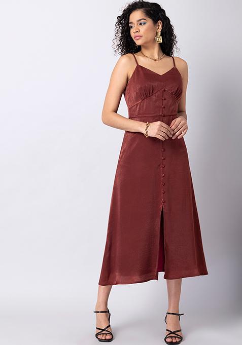 Brown Satin Strappy Front Slit Midi Dress 