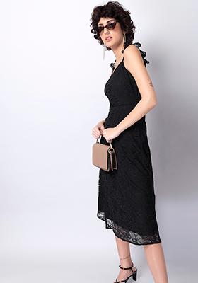 Black Lace Ruched Midi Dress
