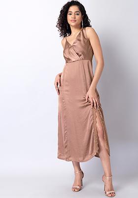 Light Brown Satin Overlap Asymmetric  Midi Dress 