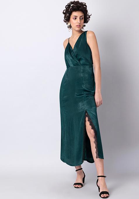 Bottle Green Satin Overlap Asymmetric  Midi Dress 