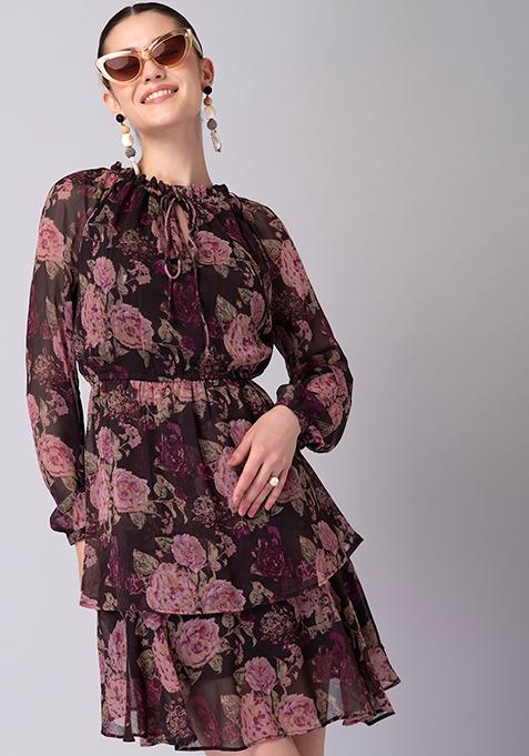 Wine Floral Tiered Mini Skater Dress