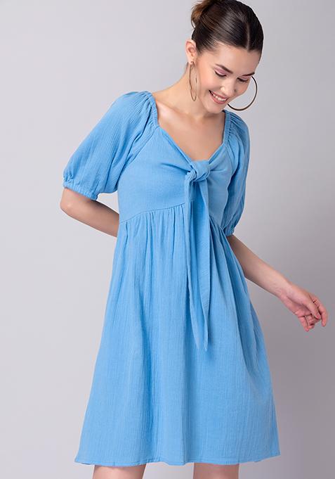 Blue Front Knot Smocked Midi Dress 