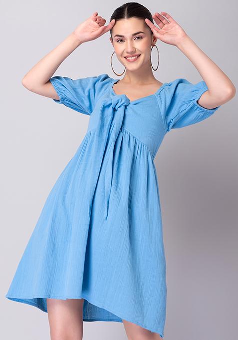 Buy Women Blue Front Knot Smocked Midi Dress - Date Night Dress Online ...