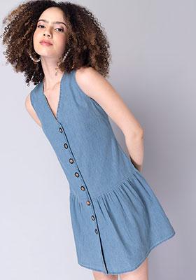 Blue Denim Sleeveless Button Down Dress 