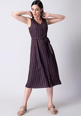 Wine Satin Striped Buttoned Belted Dress 