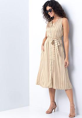 Beige Satin Striped Buttoned Belted Dress 