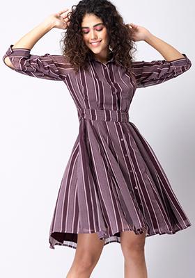 Wine Striped Ruched Sleeve Belted Midi Dress 