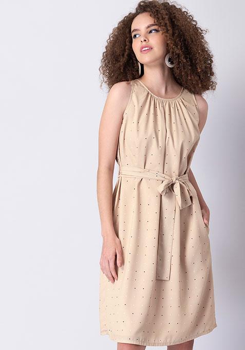 Beige Geometric Belted Gathered Midi Dress 